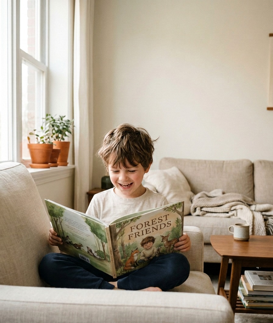 A child laughing while reading their own personalised storybook at home, cover matching the illustrated story inside