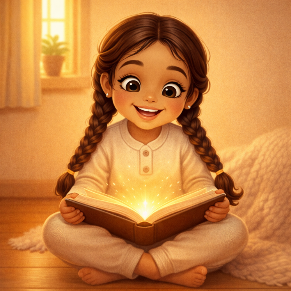Happy child discovering their personalised story book