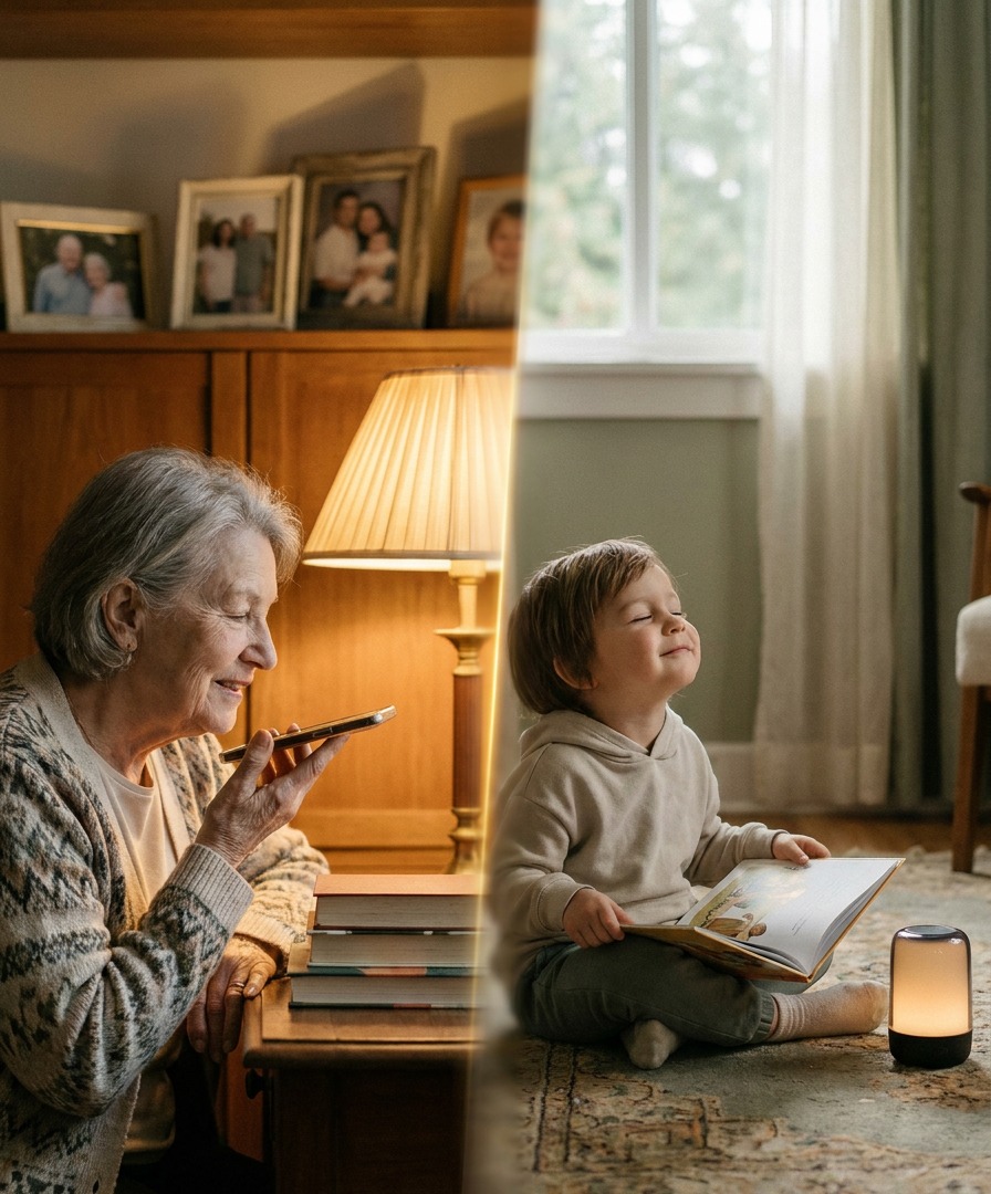 Split-screen: a grandmother recording her narration into her phone in one home, and her grandchild in another home listening with eyes closed and a joyful smile, storybook open in his lap